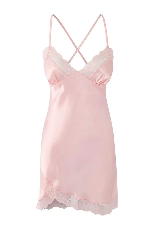 Pink Lace and Slit Detailed Satin-Woven Nightgown
