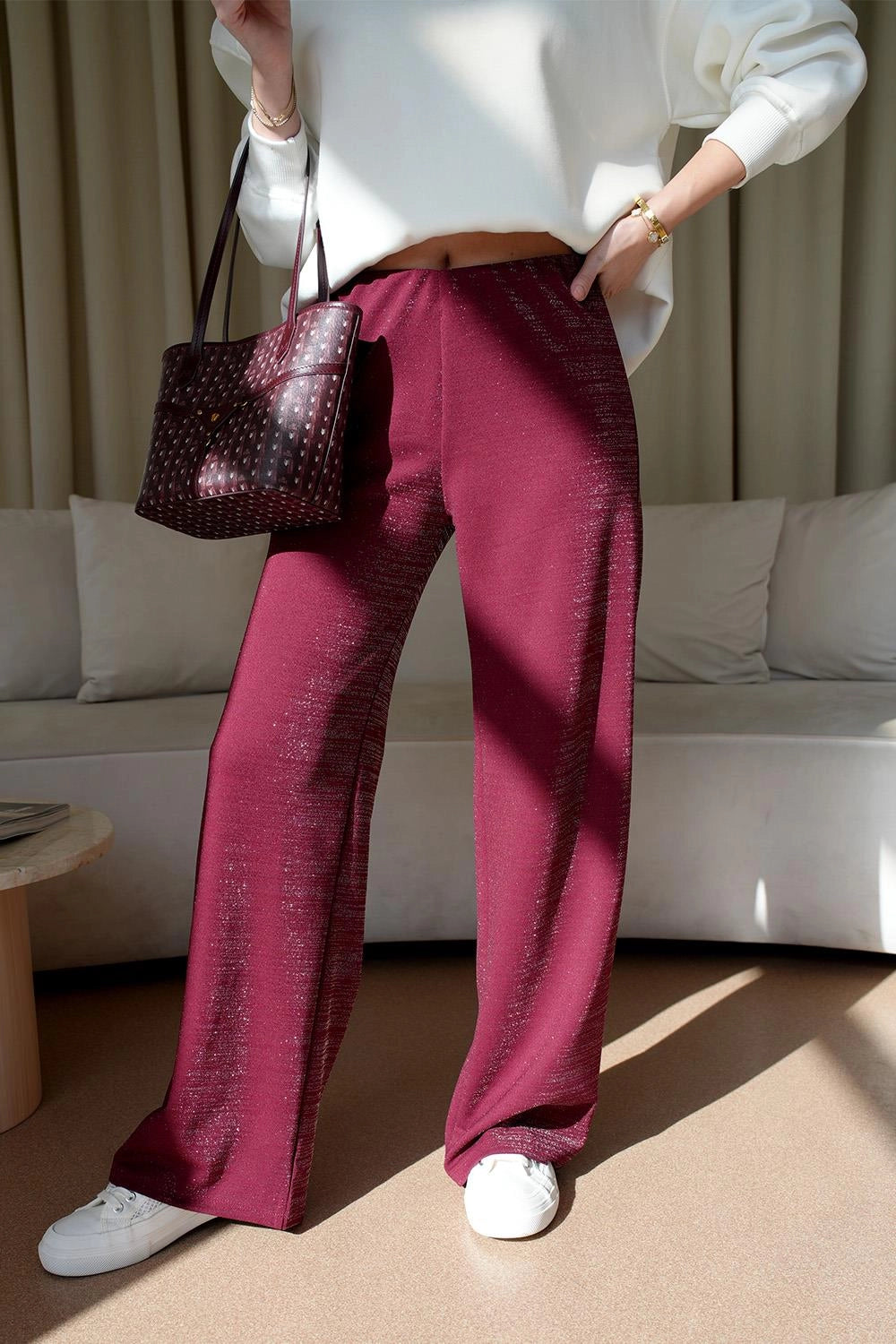 Wide Leg Glittery Women's Burgundy Trousers