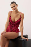 Burgundy Lace Fitted Ruffle Plain Uncovered Bodysuit