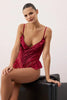 Burgundy Lace Fitted Ruffle Plain Uncovered Bodysuit