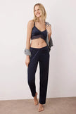 Navy Blue Dowry Set Lace Detailed Velvet Knit Pajama Set