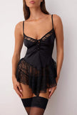 Black Lace Buttoned Suspender Unlined Pantyhose Babydoll/Fantasy Nightgown