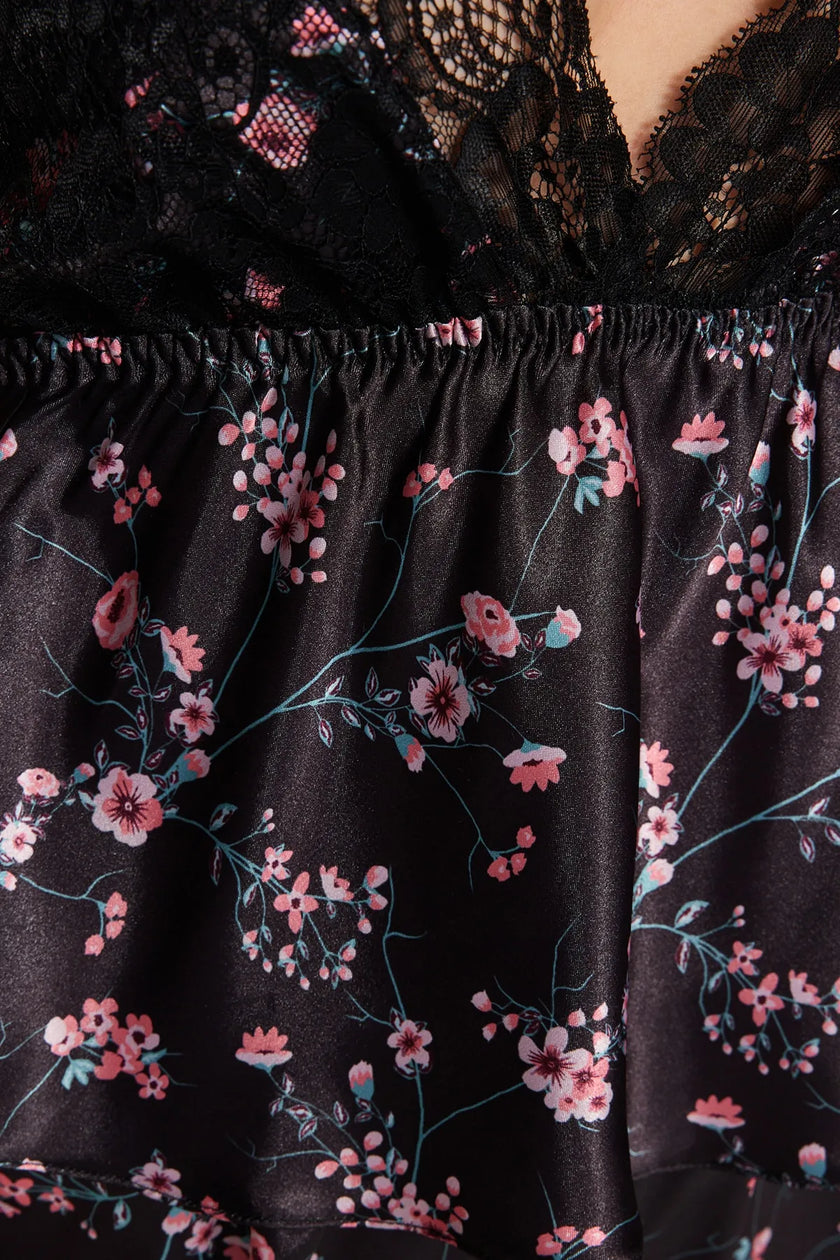 Black Floral Lace Rope Strap Satin Shorts Woven Pajama Set