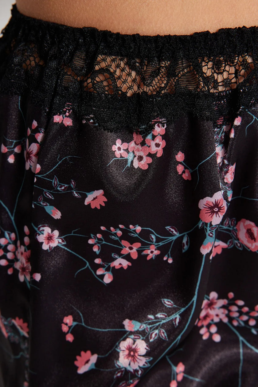 Black Floral Lace Rope Strap Satin Shorts Woven Pajama Set