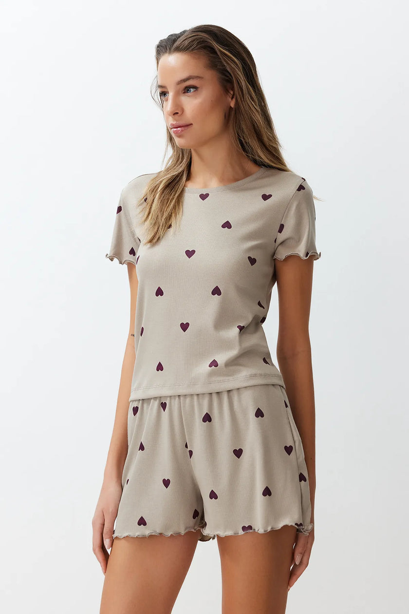 Mint Heart Slogan Printed Elastic Ribbed Shorts Knitted Pajama Set