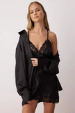 Black Lace and Slit Detailed Satin-Woven Nightgown