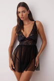 Black Unlined Lace Tulle/Mesh Strap Panty Babydoll/Fantasy Nightgown