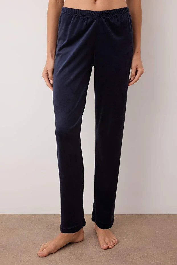 Navy Blue Dowry Set Lace Detailed Velvet Knit Pajama Set