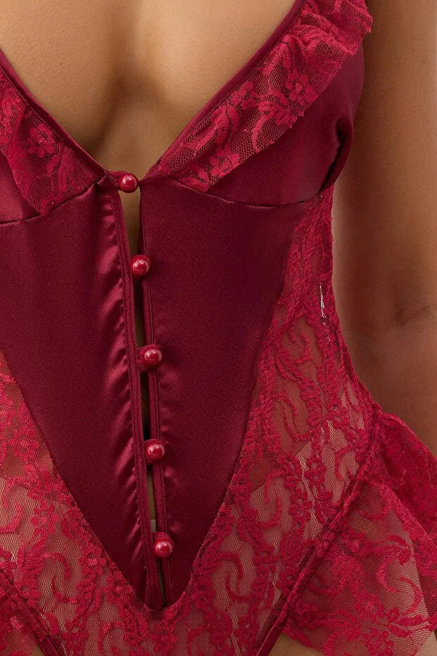 Burgundy Lace Fitted Ruffle Plain Uncovered Bodysuit | Home Wear | Lingerie | Lebbse Burgundy Lace Fitted Ruffle Plain Uncovered Bodysuit | Home Wear | Lingerie | Lebbse