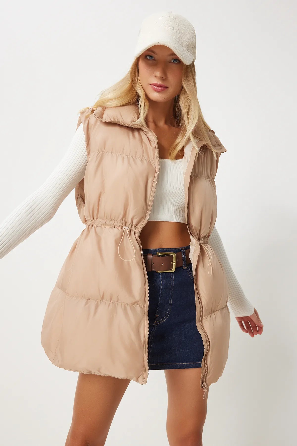 Beige Waist Drawstring Puffer Vest