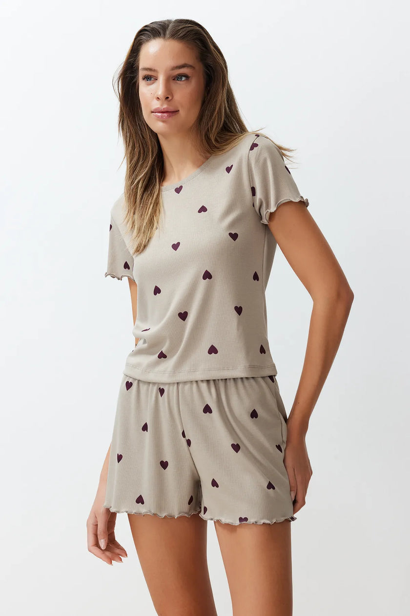Mint Heart Slogan Printed Elastic Ribbed Shorts Knitted Pajama Set