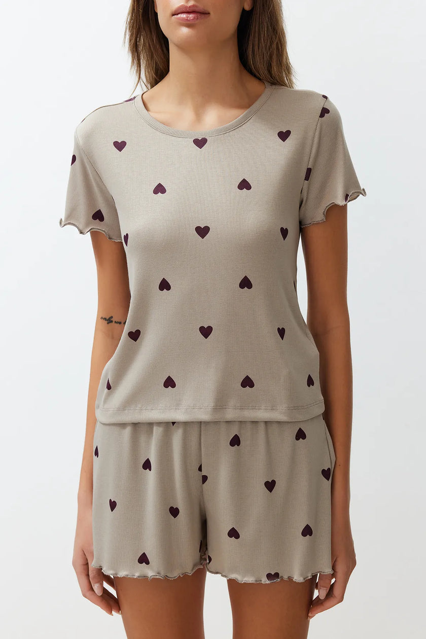 Mint Heart Slogan Printed Elastic Ribbed Shorts Knitted Pajama Set