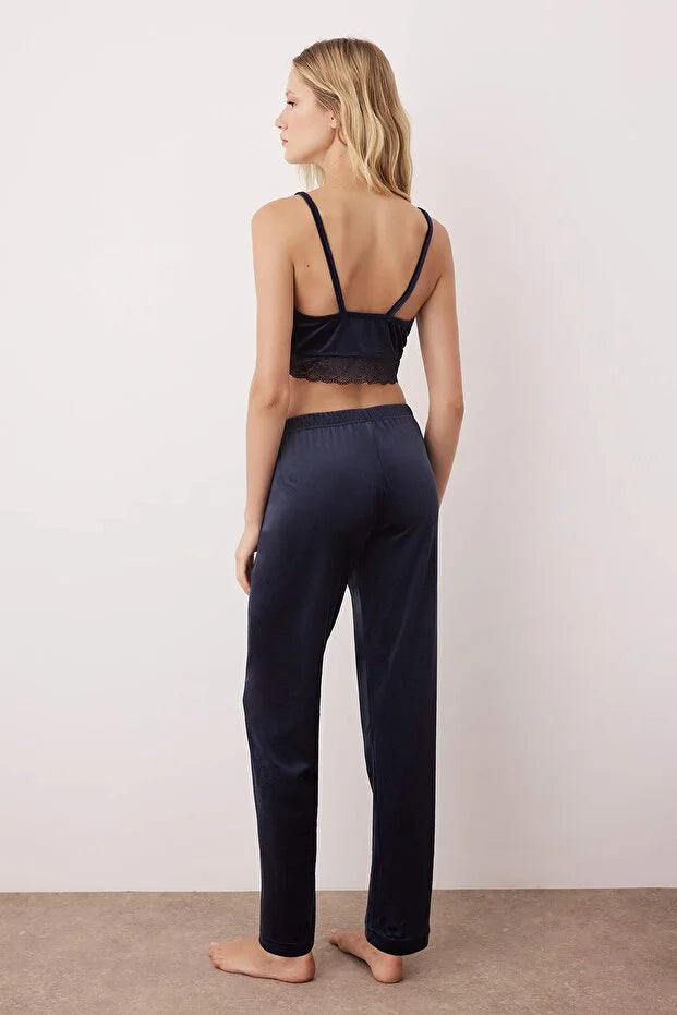 Navy Blue Dowry Set Lace Detailed Velvet Knit Pajama Set