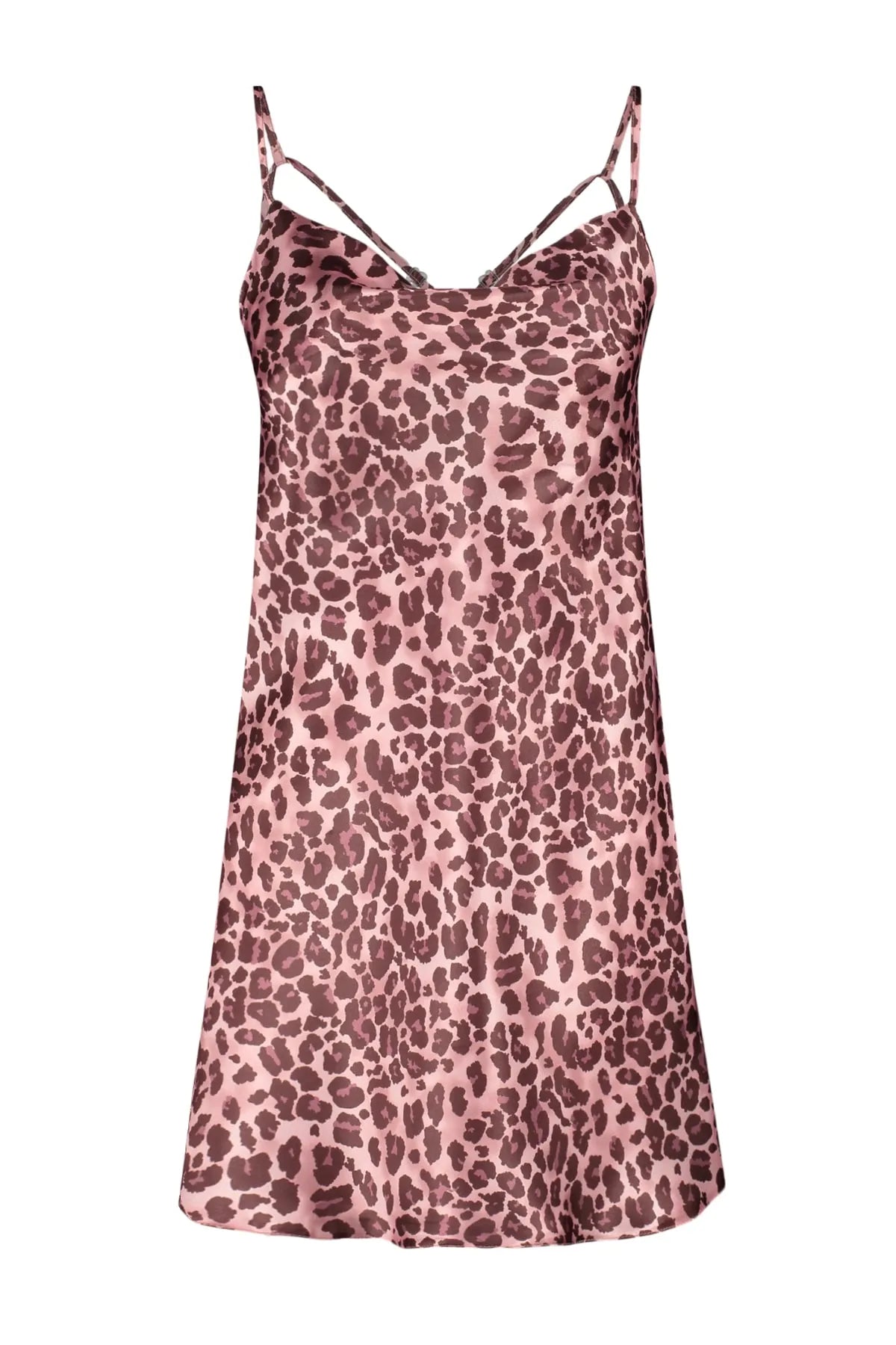 Pink Leopard Patterned Rope Strap Cowl Neck Satin Woven Nightgown