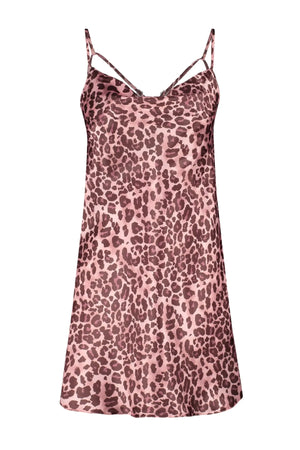 Pink Leopard Patterned Rope Strap Cowl Neck Satin Woven Nightgown