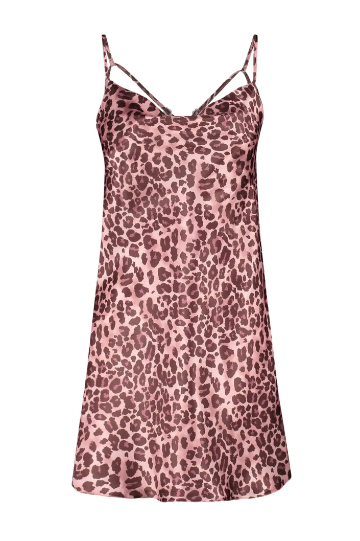 Pink Leopard Patterned Rope Strap Cowl Neck Satin Woven Nightgown