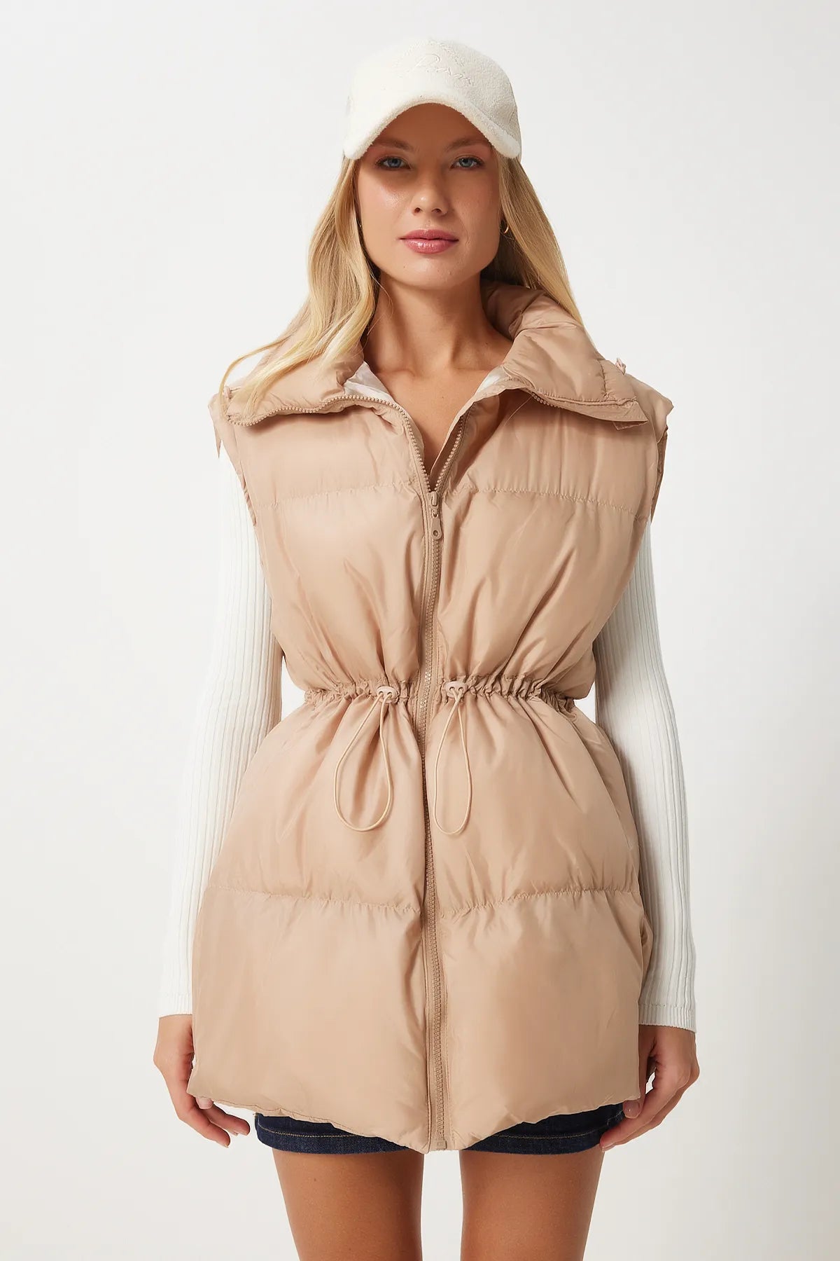 Beige Waist Drawstring Puffer Vest