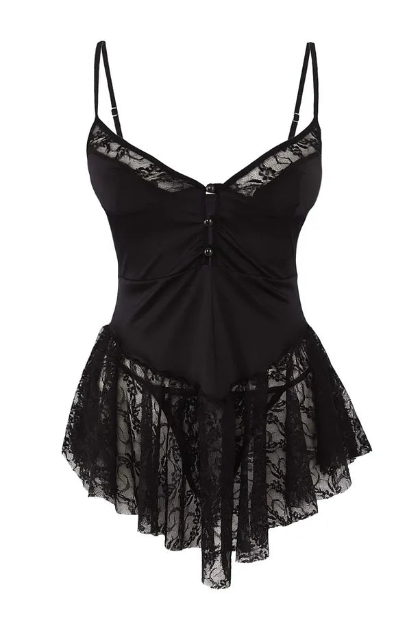 Black Lace Buttoned Suspender Unlined Pantyhose Babydoll/Fantasy Nightgown