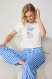 White & Blue Printed Striped Knitted Pajama Set