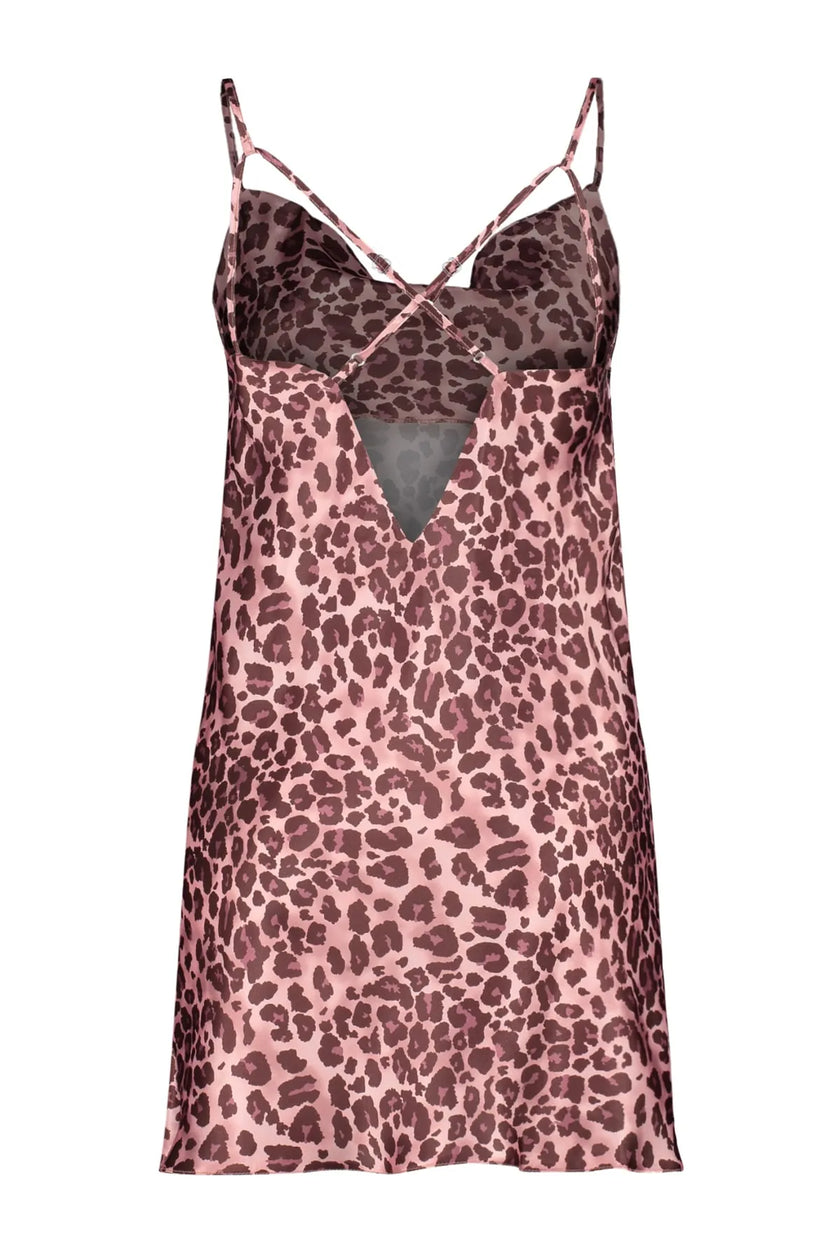 Pink Leopard Patterned Rope Strap Cowl Neck Satin Woven Nightgown