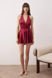 Satin-Woven Nightgown with Burgundy Lace Detail