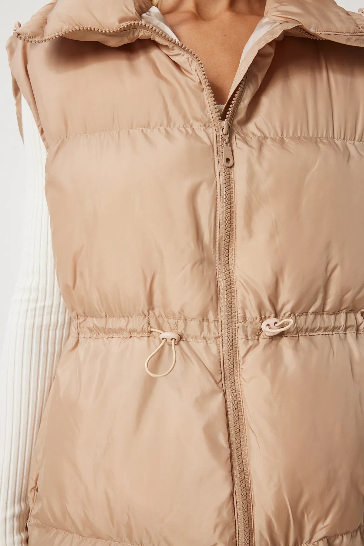 Beige Waist Drawstring Puffer Vest