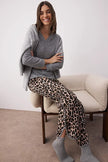 Gray-Multicolored Leopard Print Piping Soft Top and 100% Cotton Knitted Pajama Set