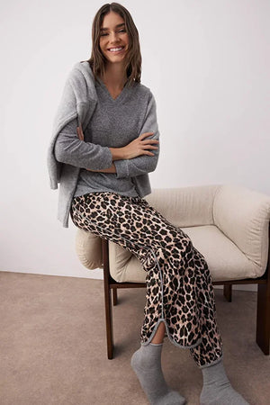 Gray-Multicolored Leopard Print Piping Soft Top and 100% Cotton Knitted Pajama Set