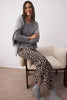 Gray-Multicolored Leopard Print Piping Soft Top and 100% Cotton Knitted Pajama Set