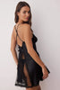 Black Tulle and Lace Detail Satin Open-Covered Strap Babydoll/Fantasy Nightgown with Slits