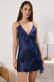 Navy Blue Lace Detailed Rope Strap Satin Woven Nightgown