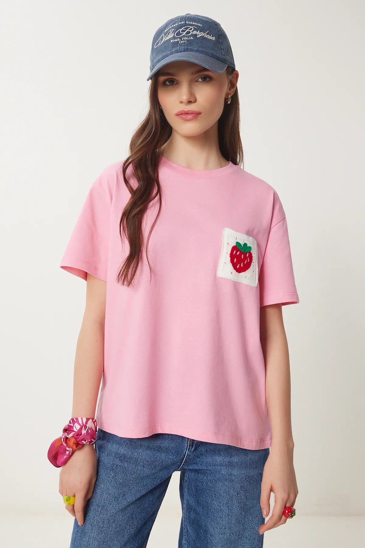 Strawberry Embroidery Pocket Cotton T-shirt PINK