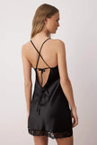 Black Lace and Slit Detailed Satin-Woven Nightgown