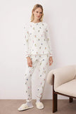 Soft Winter Waffle Knit Pajama Set with Ski Pattern and Piping