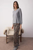 Gray-Multicolored Leopard Print Piping Soft Top and 100% Cotton Knitted Pajama Set