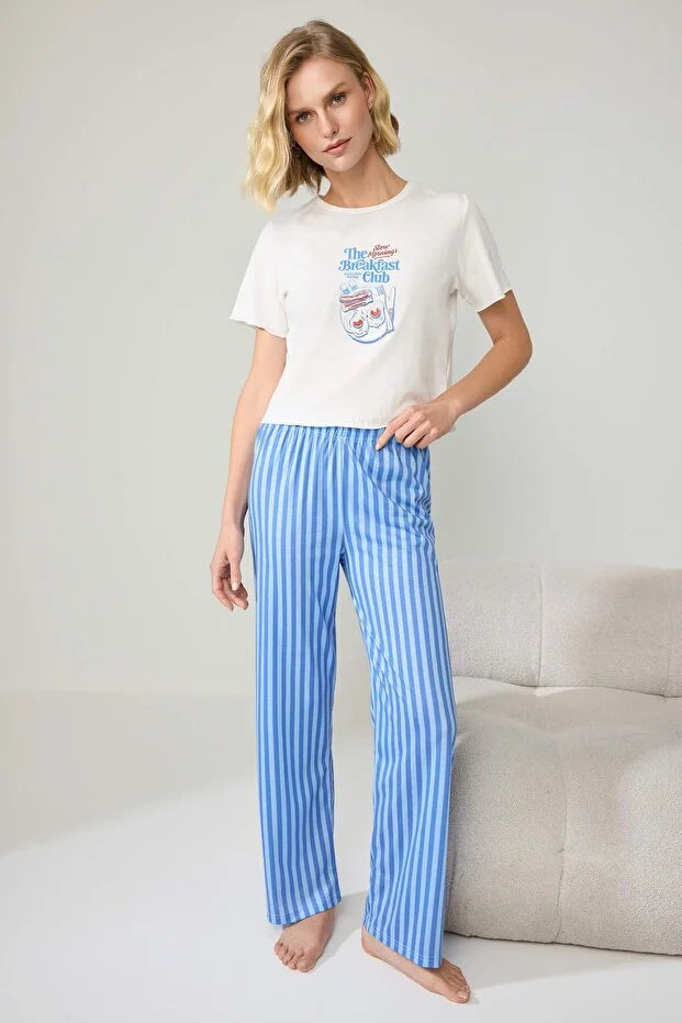 White & Blue Printed Striped Knitted Pajama Set