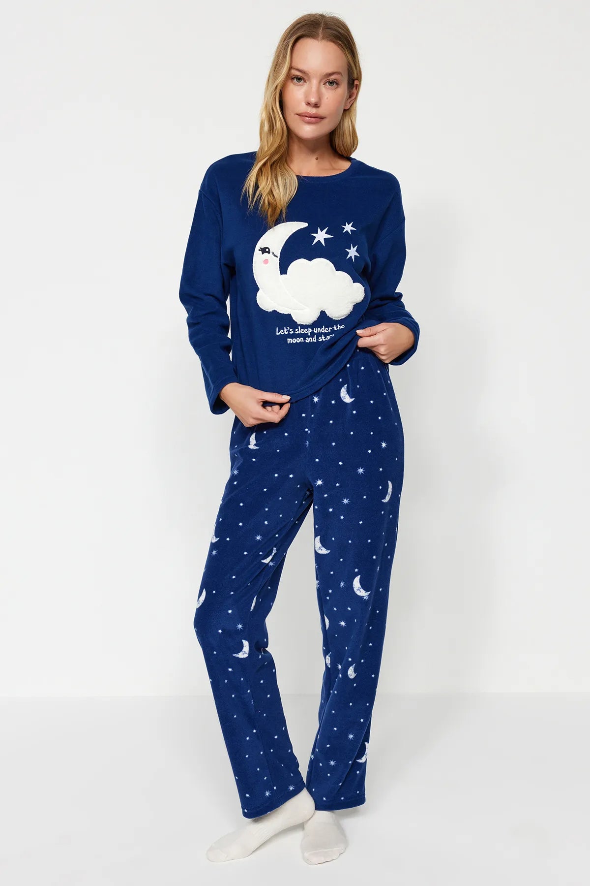 Navy Blue Galaxy Patterned Polar Fleece Winter Knitted Pajama Set