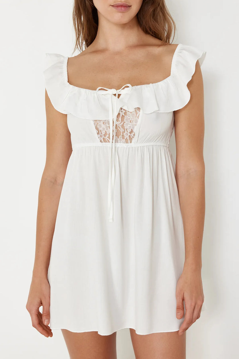 Laced Binding and Ruffle Detailed Viscose Woven Nightgown