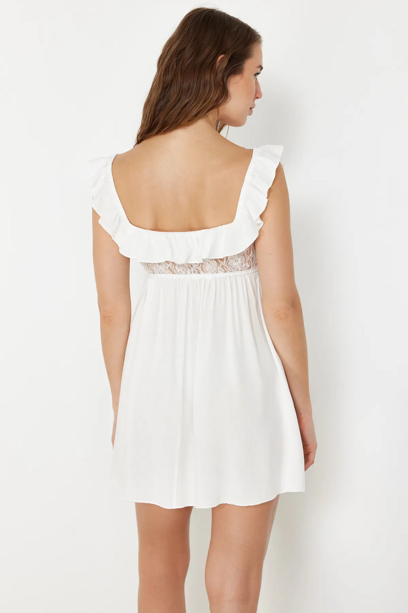 Laced Binding and Ruffle Detailed Viscose Woven Nightgown