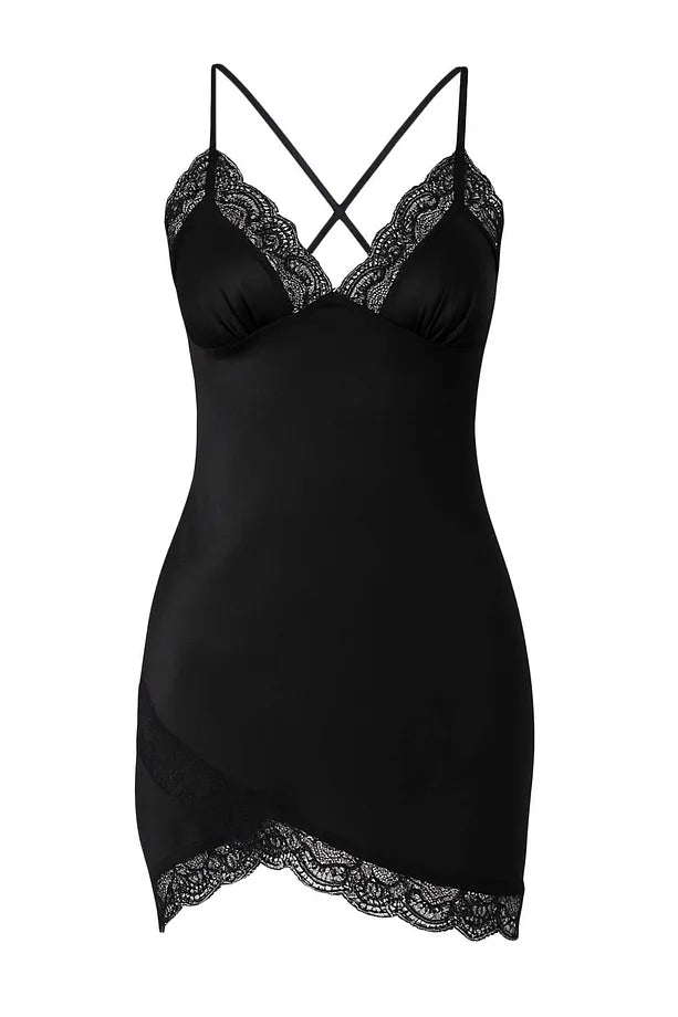 Black Lace and Slit Detailed Satin-Woven Nightgown