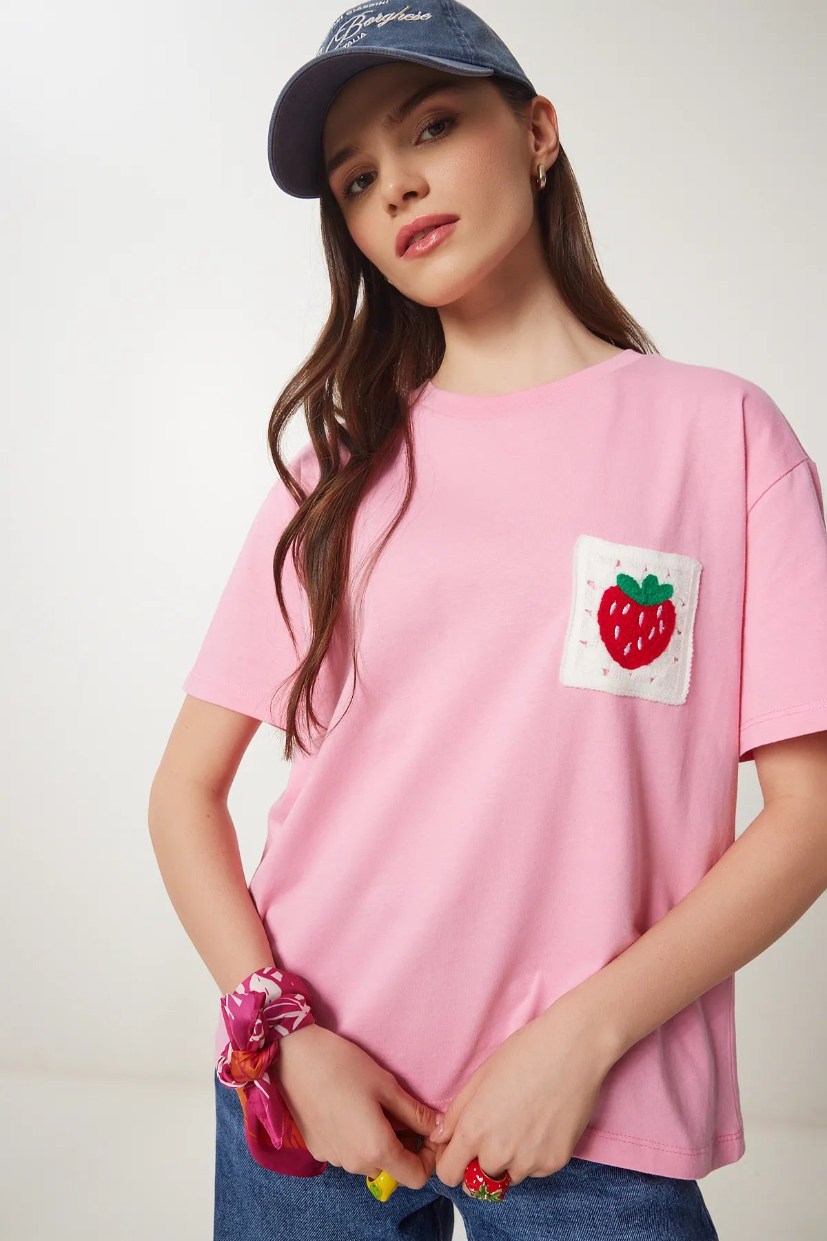 Strawberry Embroidery Pocket Cotton T-shirt PINK