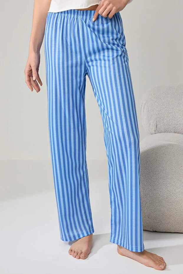 White & Blue Printed Striped Knitted Pajama Set