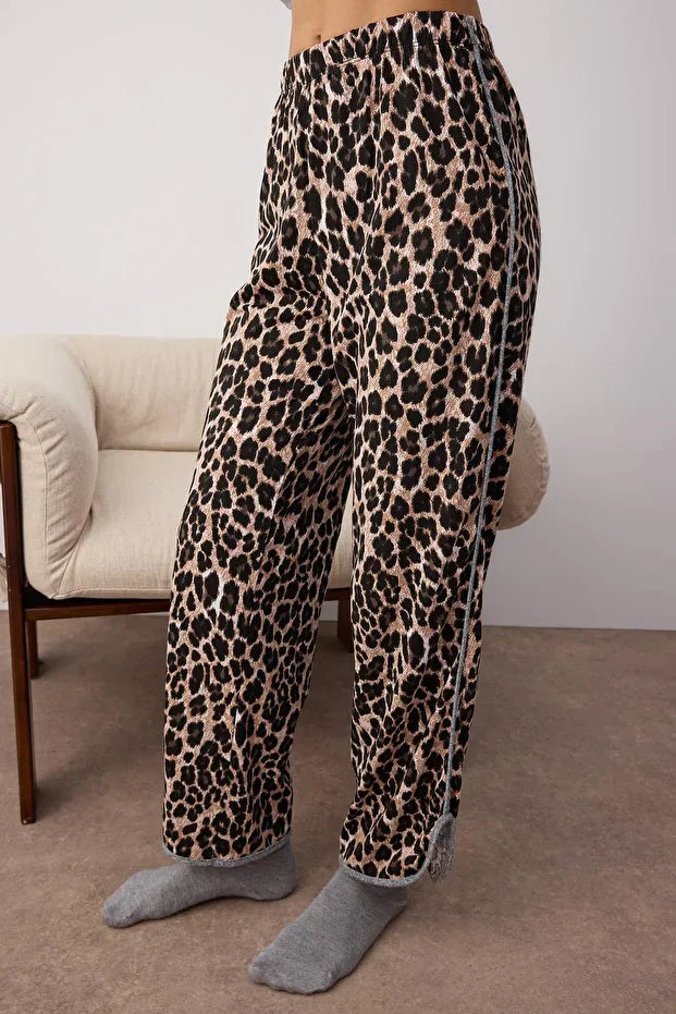 Gray-Multicolored Leopard Print Piping Soft Top and 100% Cotton Knitted Pajama Set