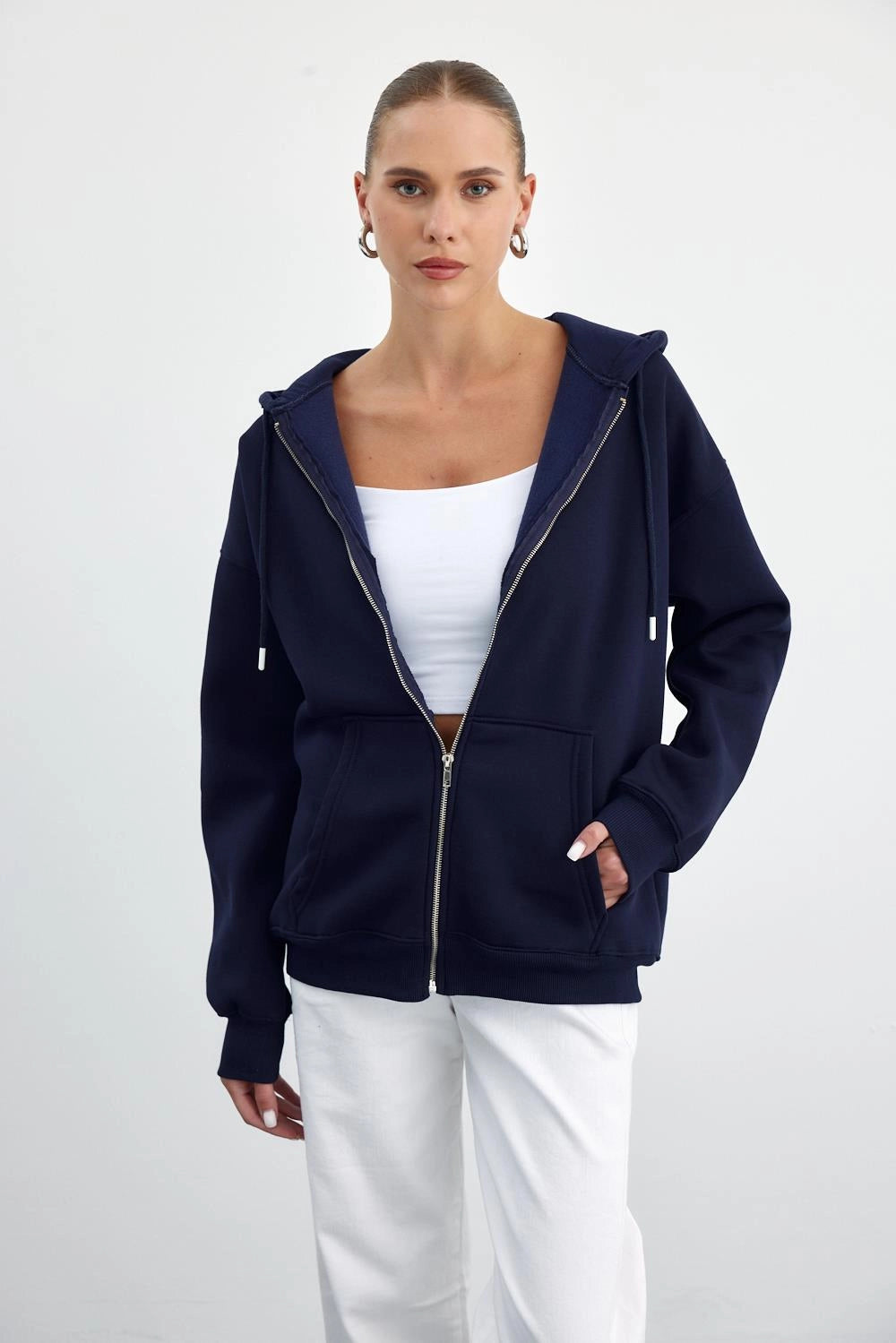 Zippered Women's Navy Blue Sweatshirt