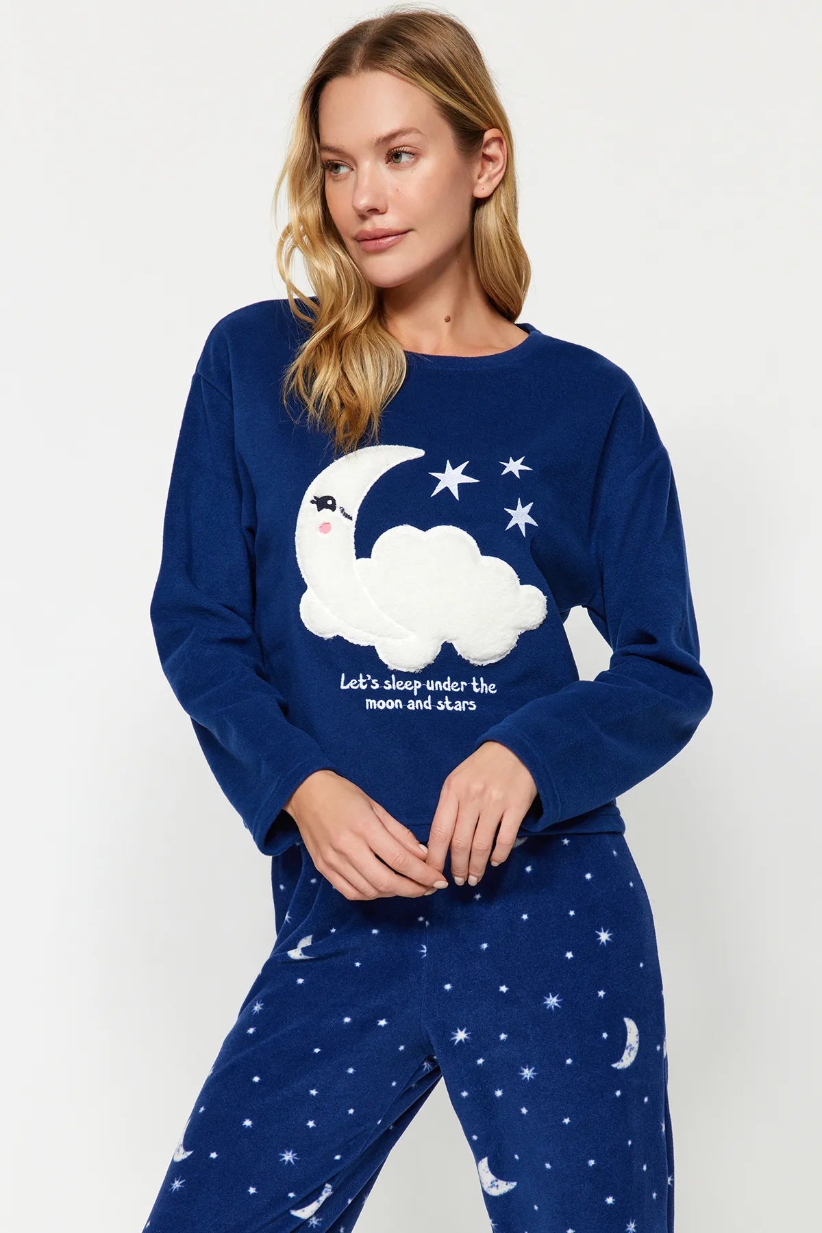 Navy Blue Galaxy Patterned Polar Fleece Winter Knitted Pajama Set