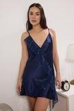 Navy Blue Lace Detailed Rope Strap Satin Woven Nightgown