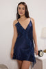 Navy Blue Lace Detailed Rope Strap Satin Woven Nightgown