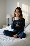 Navy Blue Christmas-Themed Slogan Embroidered Knitted Pajama Set