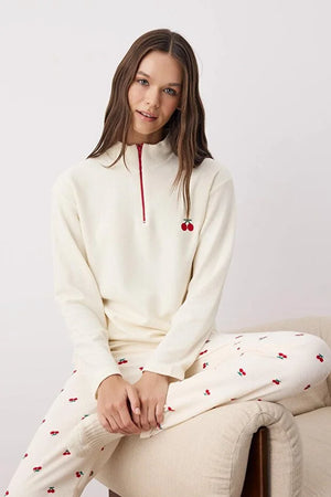 Offwhite-Red Cherry Zippered Soft Winter Waffle Knit Pajama Set