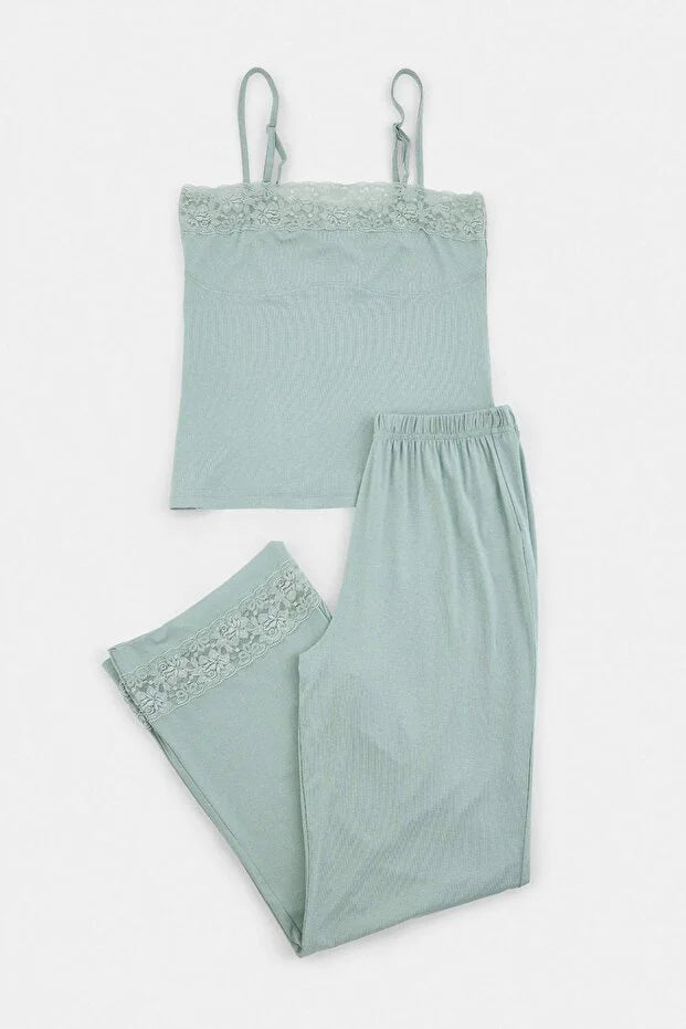 Mint Lace Detail Viscose Knit Pajama Set